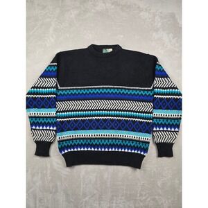 Vintage Pine Grove Sweater Mens L Black Blue Striped Geometric Fair Isle Acrylic